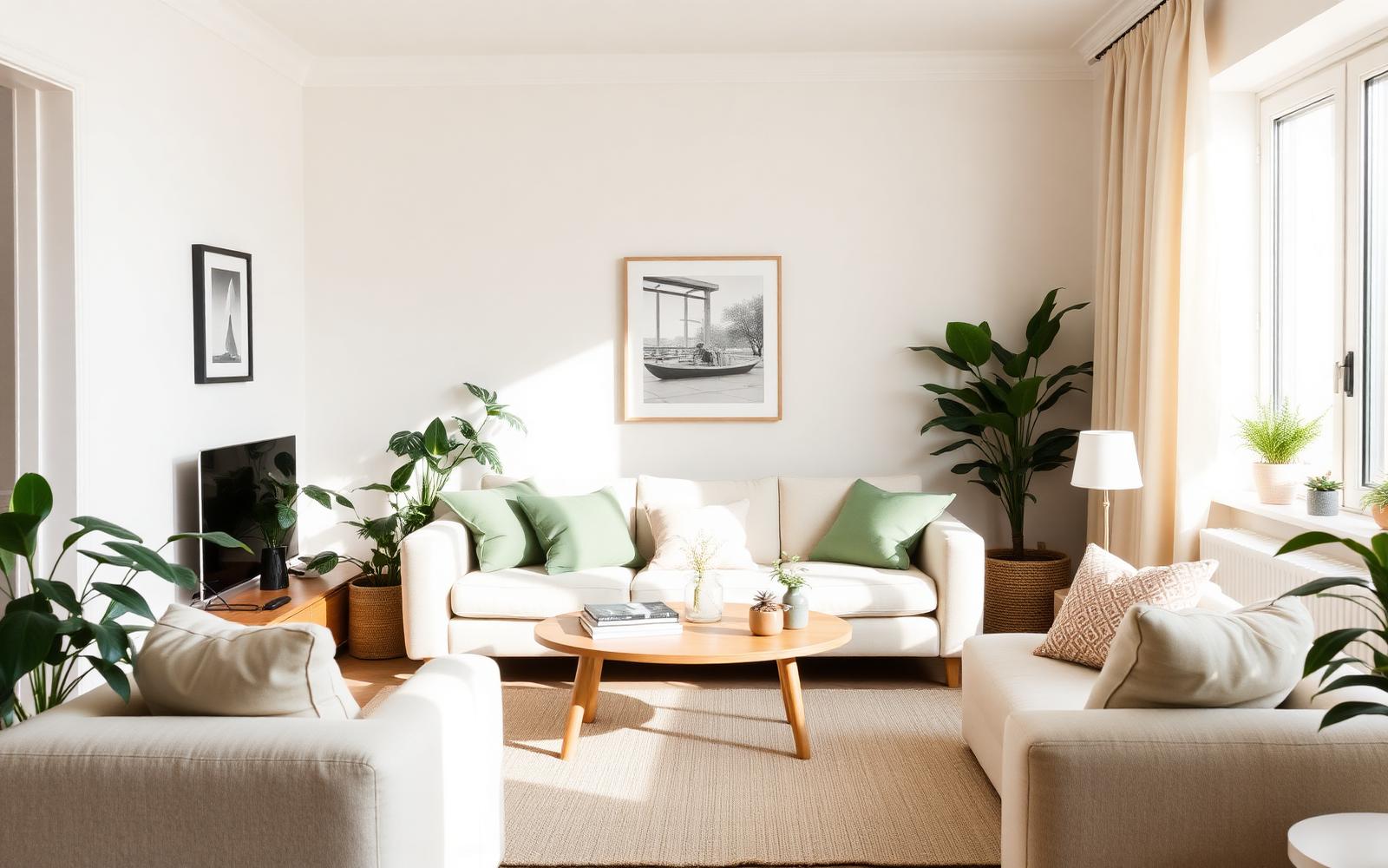 Lyst og rent stuemiljø med grønne planter